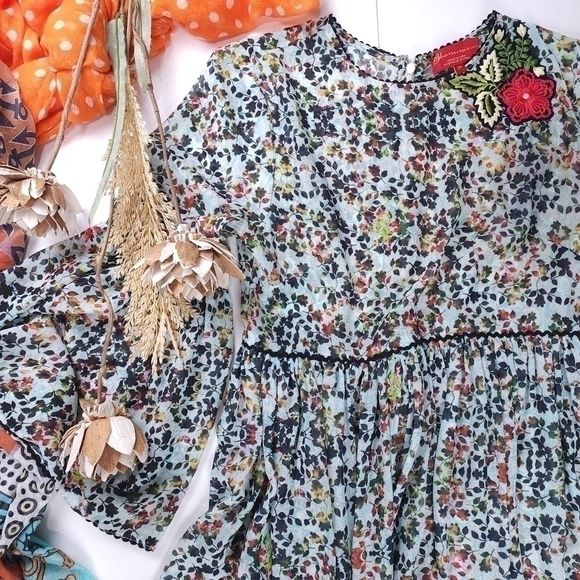 Anthropologie Bhanuni Multicolored Teal Black Floral Sheer Dress Sz 2 Pe… - Picture 2 of 12